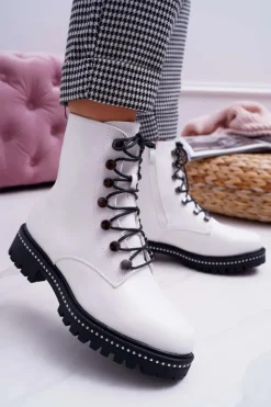 Botki Damskie Płaski Obcas Wysokie Glany Białe Buena