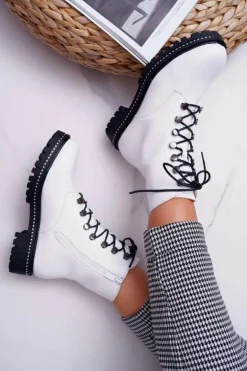 Botki Damskie Płaski Obcas Wysokie Glany Białe Buena