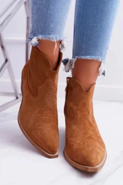 Botki Damskie Płaski Obcas Wiosenne Skórzane Kowbojki Camel Batty