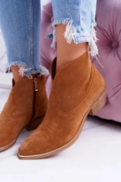 Botki Damskie Płaski Obcas Wiosenne Skórzane Kowbojki Camel Batty
