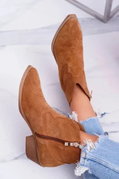 Botki Damskie Płaski Obcas Wiosenne Skórzane Kowbojki Camel Batty