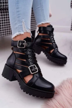 Botki Damskie Płaski Obcas Wiosenne Czarne Single