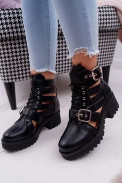 Botki Damskie Płaski Obcas Wiosenne Czarne Single