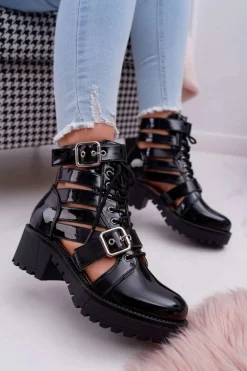 Botki Damskie Płaski Obcas Wiosenne Lakierowane Czarne Single