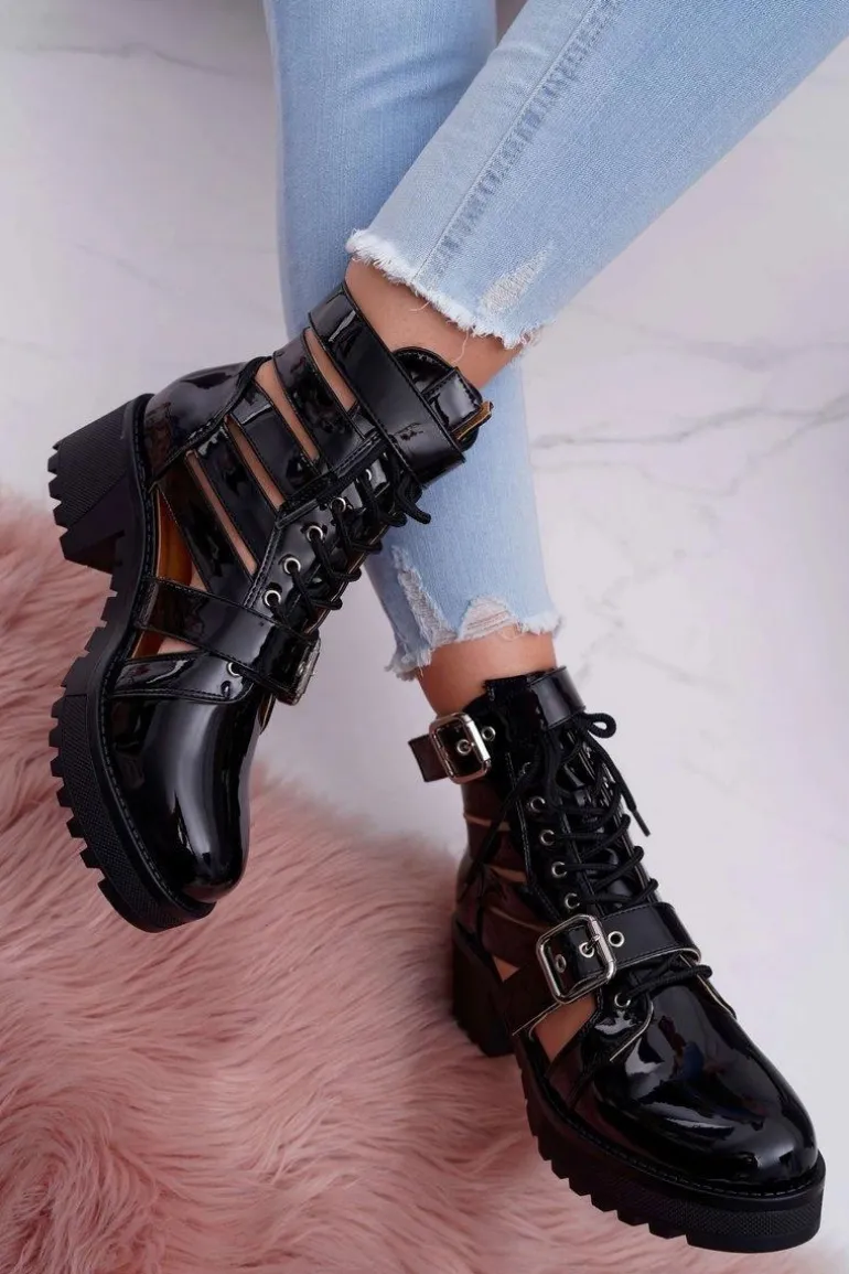 Botki Damskie Płaski Obcas Wiosenne Lakierowane Czarne Single