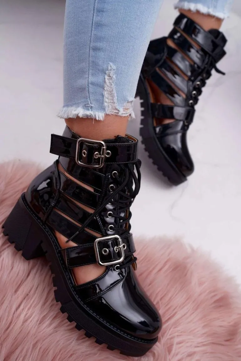 Botki Damskie Płaski Obcas Wiosenne Lakierowane Czarne Single