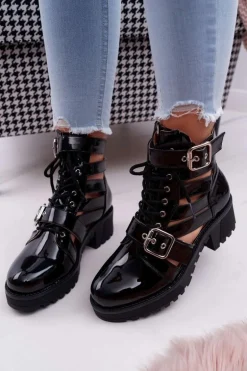 Botki Damskie Płaski Obcas Wiosenne Lakierowane Czarne Single