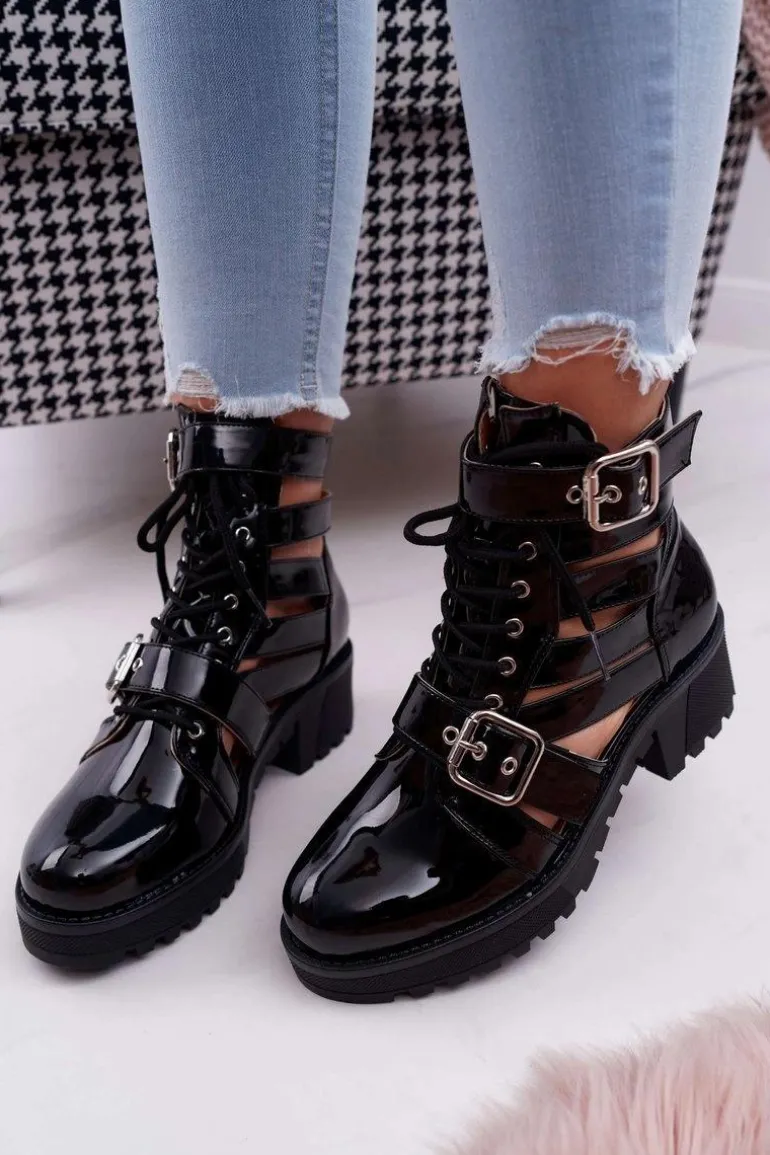 Botki Damskie Płaski Obcas Wiosenne Lakierowane Czarne Single