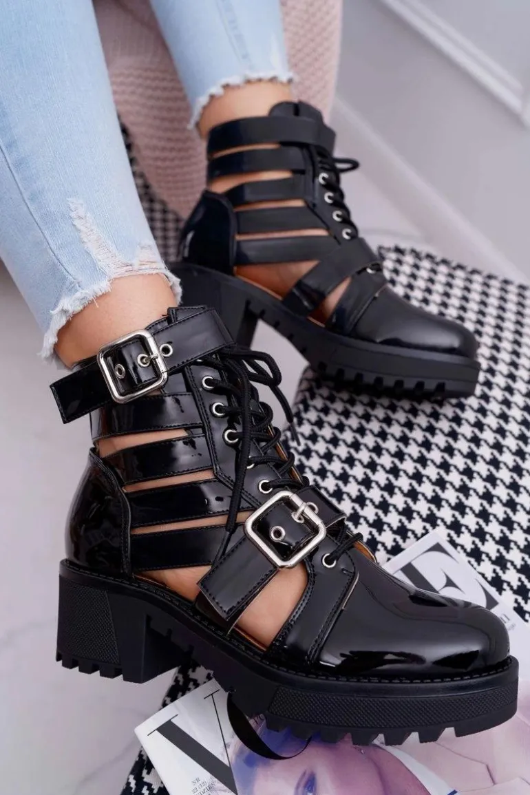 Botki Damskie Płaski Obcas Wiosenne Lakierowane Czarne Single