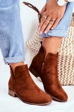 Botki Damskie Płaski Obcas Wiosenne Camel Viva