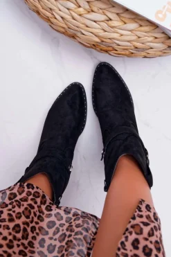 Botki Damskie Płaski Obcas Czarne Arraso