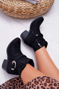 Botki Damskie Płaski Obcas Czarne Arraso