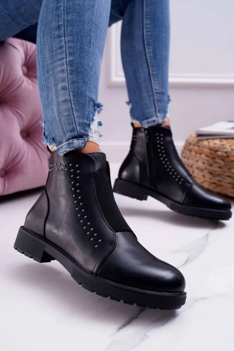 Botki Damskie Płaski Obcas Nity Czarne Sergio Leone BT519