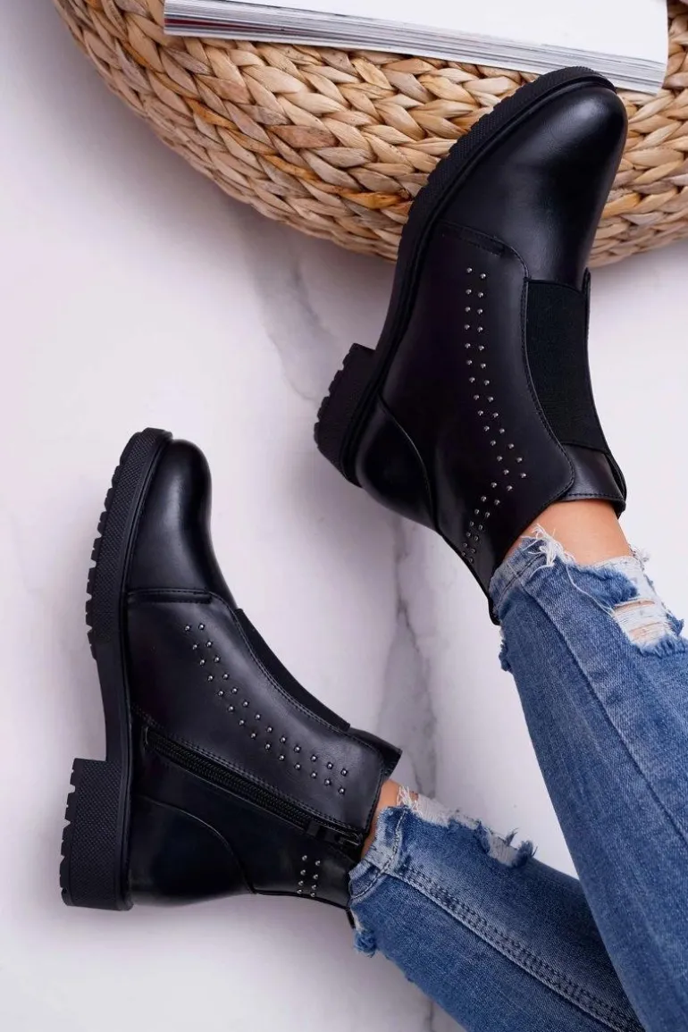 Botki Damskie Płaski Obcas Nity Czarne Sergio Leone BT519