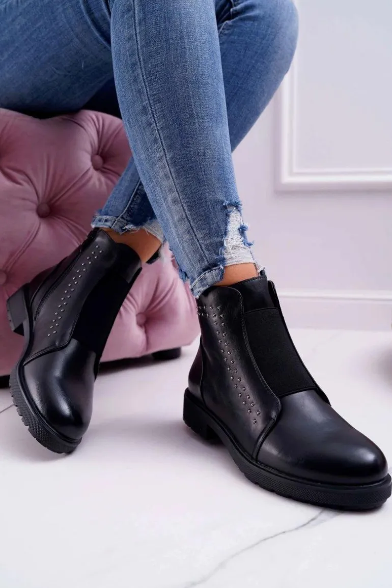 Botki Damskie Płaski Obcas Nity Czarne Sergio Leone BT519