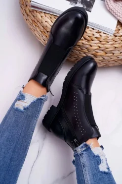 Botki Damskie Płaski Obcas Nity Czarne Sergio Leone BT519