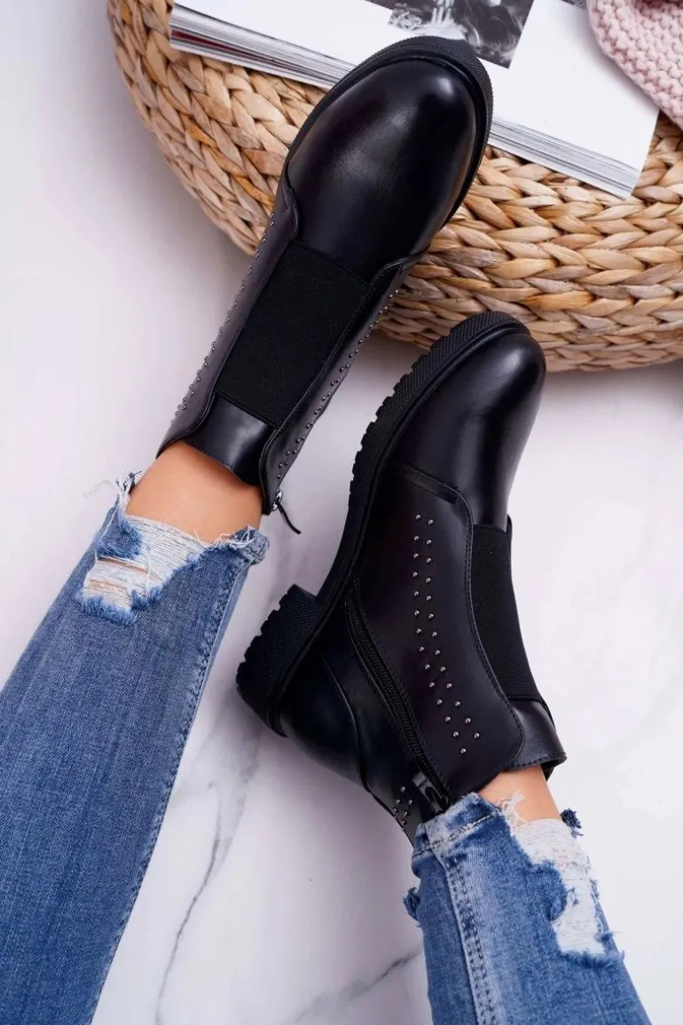 Botki Damskie Płaski Obcas Nity Czarne Sergio Leone BT519