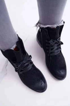 Botki Damskie Płaski Obcas Workery Czarne Teref