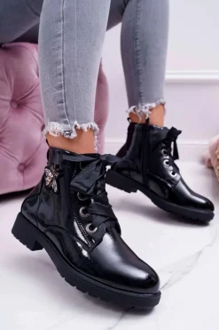 Botki Damskie Płaski Obcas Glany Lakierowane Czarne Sergio Leone BT530