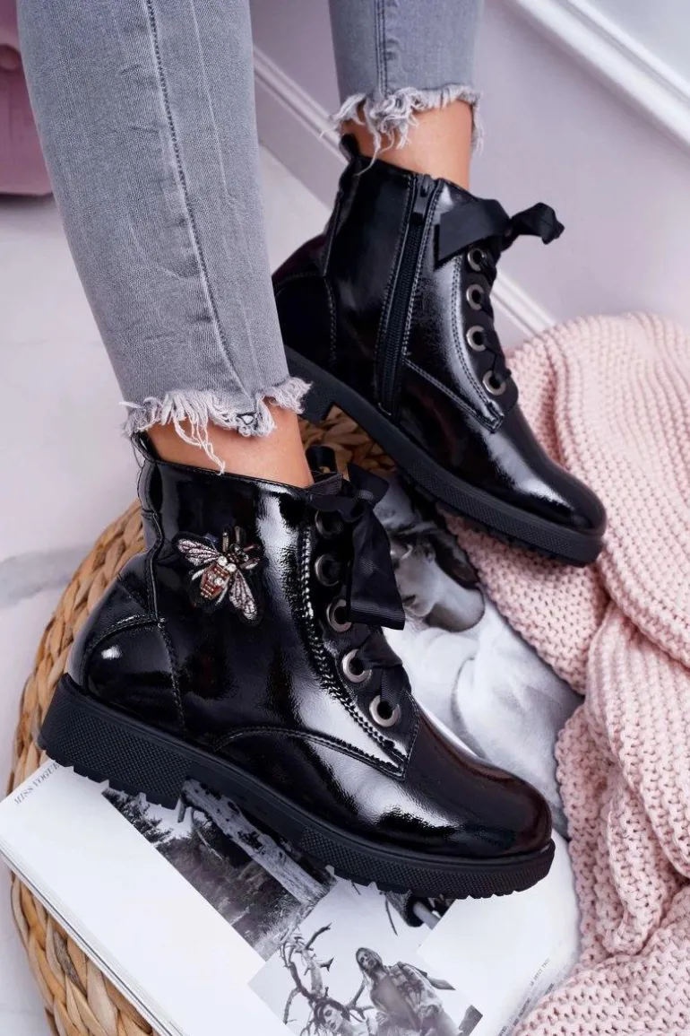 Botki Damskie Płaski Obcas Glany Lakierowane Czarne Sergio Leone BT530