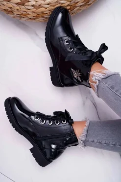 Botki Damskie Płaski Obcas Glany Lakierowane Czarne Sergio Leone BT530