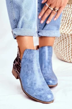 Botki Damskie Płaski Obcas Wiosenne Niebieskie Viva