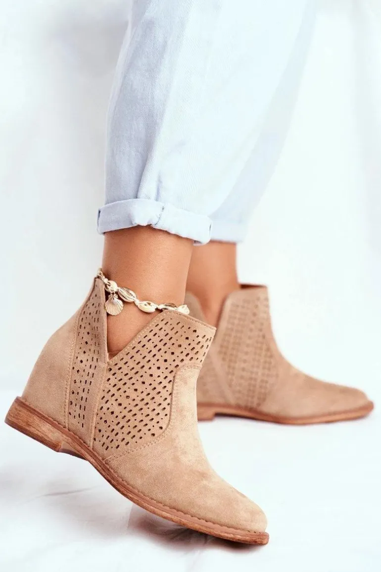 Botki Damskie Płaski Obcas Zamszowe Ażurowe Beżowe Shades