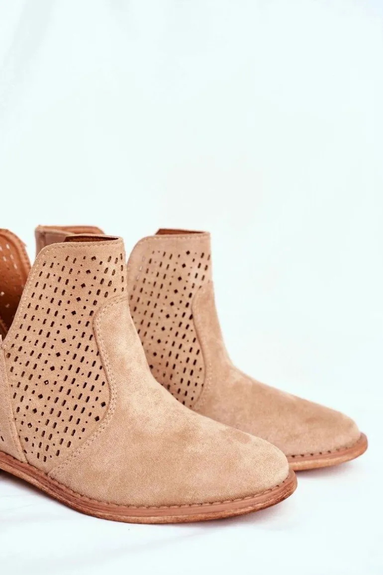 Botki Damskie Płaski Obcas Zamszowe Ażurowe Beżowe Shades