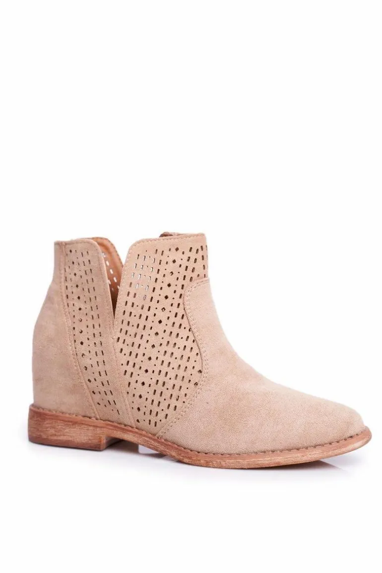 Botki Damskie Płaski Obcas Zamszowe Ażurowe Beżowe Shades