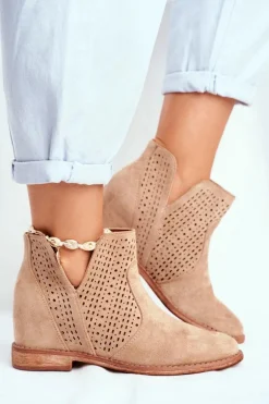 Botki Damskie Płaski Obcas Zamszowe Ażurowe Beżowe Shades