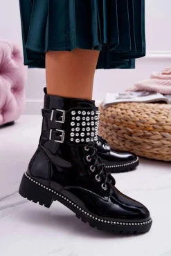 Botki Damskie Płaski Obcas Militarne Lakierowane Czarne Bemmer