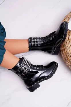 Botki Damskie Płaski Obcas Militarne Lakierowane Czarne Bemmer