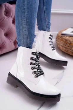 Botki Damskie Płaski Obcas Glany Lakierowane Białe Sergio Leone TR726