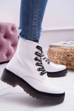 Botki Damskie Płaski Obcas Glany Lakierowane Białe Sergio Leone TR726