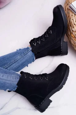 Botki Damskie Płaski Obcas Nubuk Czarne Sergio Leone TR718