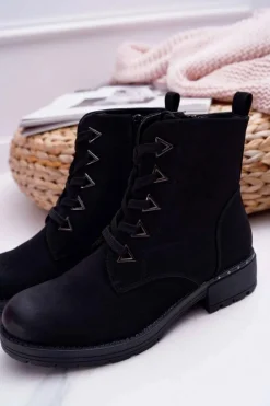 Botki Damskie Płaski Obcas Nubuk Czarne Sergio Leone TR718