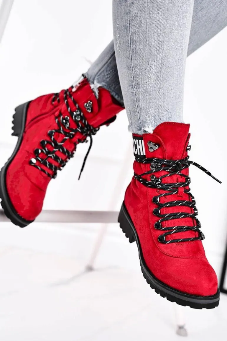 Botki Damskie Płaski Obcas Na Suwak Czerwone Popsi