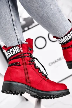 Botki Damskie Płaski Obcas Na Suwak Czerwone Popsi