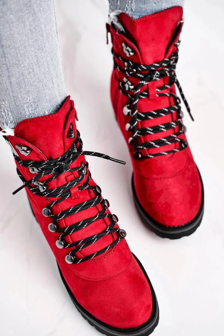 Botki Damskie Płaski Obcas Na Suwak Czerwone Popsi