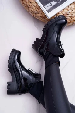 Botki Damskie Płaski Obcas Czarne Emelia