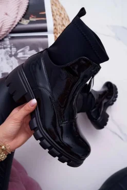 Botki Damskie Płaski Obcas Czarne Emelia