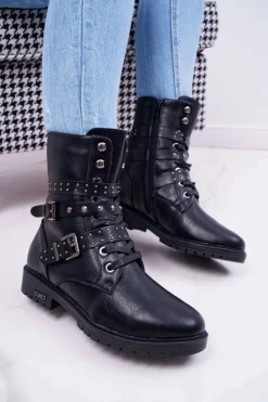 Botki Damskie Płaski Obcas Wysokie Czarne Emenbar