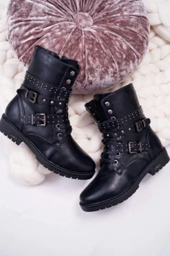 Botki Damskie Płaski Obcas Wysokie Czarne Emenbar