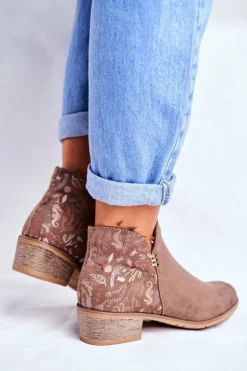 Botki Damskie Płaski Obcas Wiosenne Brązowe Elizabeth