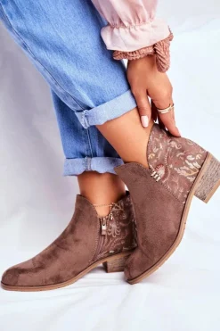 Botki Damskie Płaski Obcas Wiosenne Brązowe Elizabeth