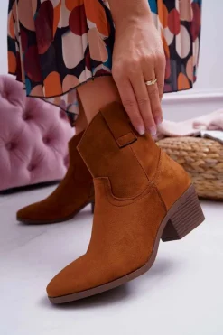 Botki Damskie Płaski Obcas Kowbojki Camel Telifa