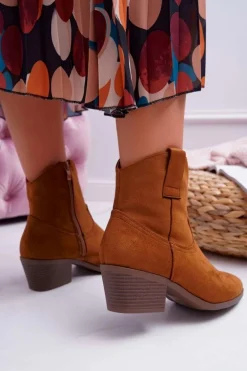 Botki Damskie Płaski Obcas Kowbojki Camel Telifa