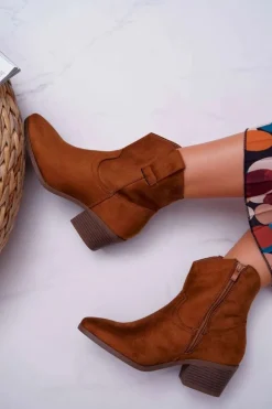 Botki Damskie Płaski Obcas Kowbojki Camel Telifa