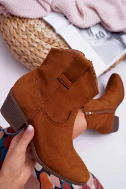 Botki Damskie Płaski Obcas Kowbojki Camel Telifa