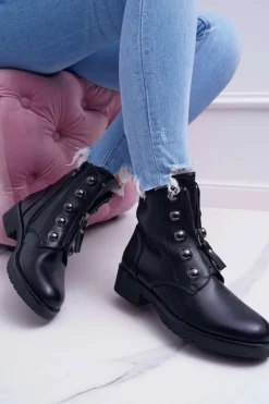 Botki Damskie Płaski Obcas Wysokie Czarne Yulio